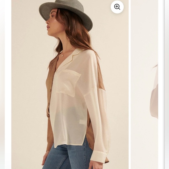 Promesa Asymmetrical Cream and Brown Button Down Blouse - Picture 4 of 11